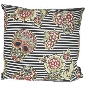 Sugar Skull Floral Embroidered Pillow 18x18" Black Velvet Back Zip Art Deco Boho